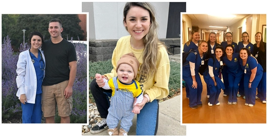 Photo collage of Hanna Eide and her husband, her and her son, and her and other SDSU nurses.