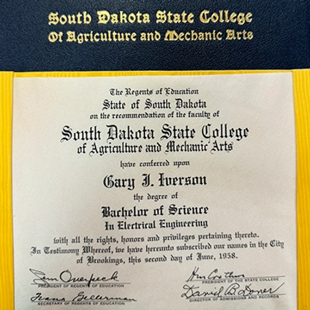 Gary Iverson's diploma from SDSU