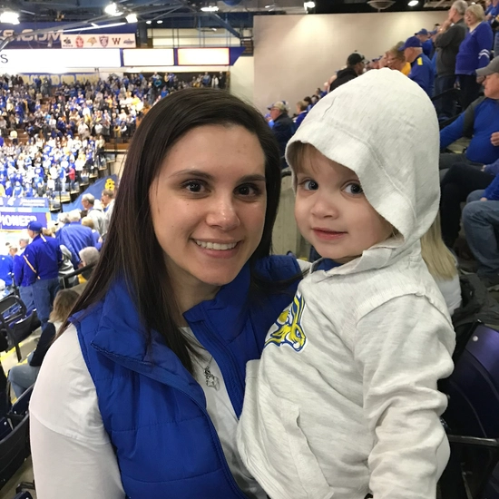 Jenny with her daughter in jackrabbit gear