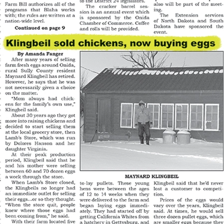 Newspaper clipping that reads "Klingbeil sold chickens, now buying eggs"