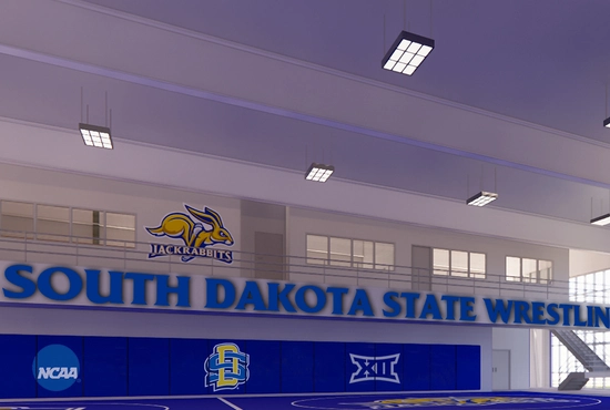 Rendering of the Kurtenbach Wrestling Center, showcasing the balcony and mats along with the Jackrabbit mascot logo
