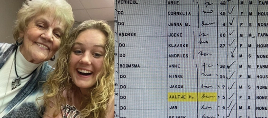 a collage of two photos, a selfie of two women and a list of names