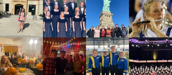 A collage of experiences including concert choir, paying the flute, carving pumpkins, standing in front of the statue of liberty, etc.