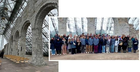 One photo is the entire choir, and the other is a photo of a structure with arches