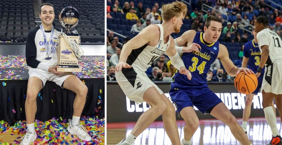 photos of alex arians holding a summit league trophy and playing basketball