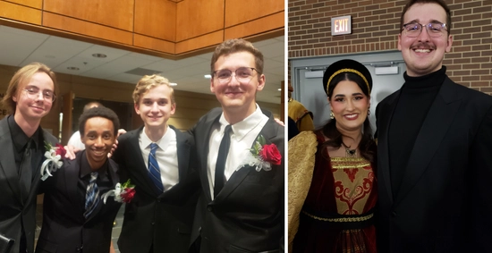 left photo is charles and a group of other sdsu mens choir members smiling, and right photo charles stands with a female in madrigal apparel smiling