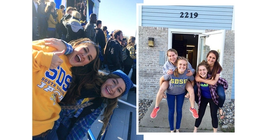 Grace and a collage of photos from her time at sdsu and with her friends