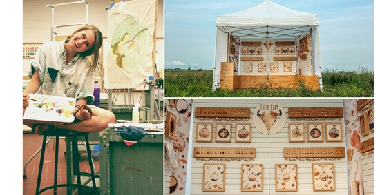 Grace from younger years in college in an art studio with artwork on her lap and behind her