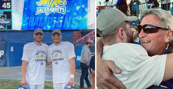 Janke twins after winning the FCS championship game in frisco and hugging their dad