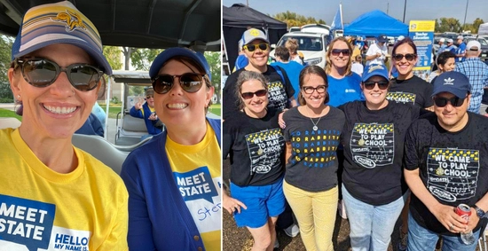 2 photos. One is a selfie of two women smiling on a golf cart. The other is a group of 7 people smiling at a football tailgate.