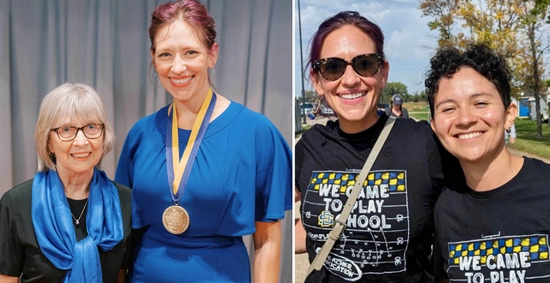 Left Photo: Marlys Thompson smiles with Anne Karabon. Right photo: Anne Karabon and Laura Valencia stand side by side, smiling.
