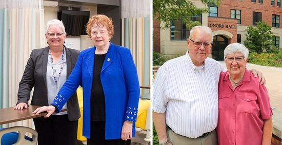 Left photo: Mary Anne Krogh stands smiling next to Roberta Olson in a skills lab classroom. Right photo: Dan Kemp smiles with his arm around Michele Kemp, standing outside in the Honors Hall courtyard.