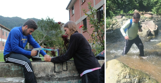 Collage of two photos are man help a girl and walking in water