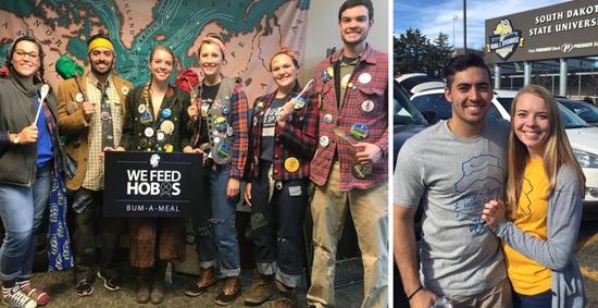 A collage of two photos of a group of students dressed as HOBOs and a couple