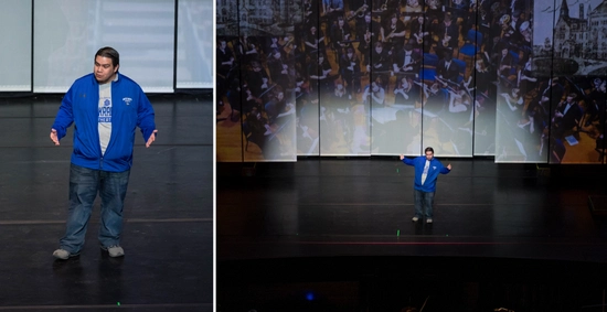 Two photos of a man speaking on stage in the Oscar Larson Performing Arts Center