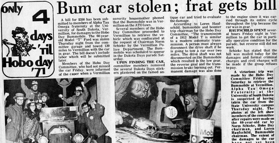 Historic newspaper clipping reading "bum car stolen, frat gets bill"