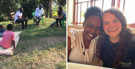 Collage of two photos, a selfie of two girls and groups of people talking