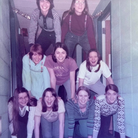 Cheryl and friends making a human pyramid