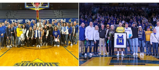 Two photos of SDSU friends and family on the SDSU basketball court