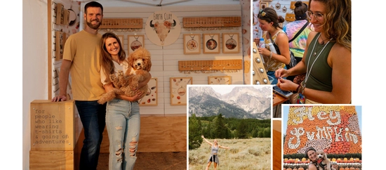 Grace and her husband Jordan stand smiling in their art exhibit canopy along with their cute furry dog, and there is inset photos of grace at art shows and out in nature