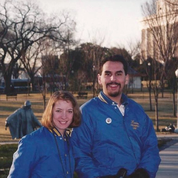 Photo of Kevin Kessler with his now wife, who also was a member of the Pride of the Dakotas as a student, during the Pride's trip to Washington D.C. for the Inaugural Parade in 1997.