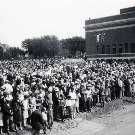 Lincoln Memorial Library Dedication - overhead photo of a huge crowd of people