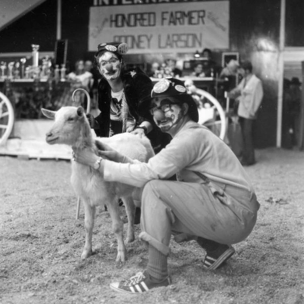 Two people dressed as clowns with a goat