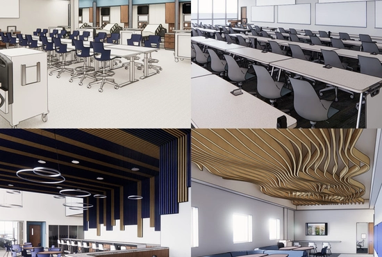 Multiple renderings of the SDSU Metro Center showing spaces that are available to name.