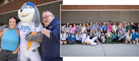 Members of South Dakota State University School of Communication and Journalism celebrate during One Day for STATE
