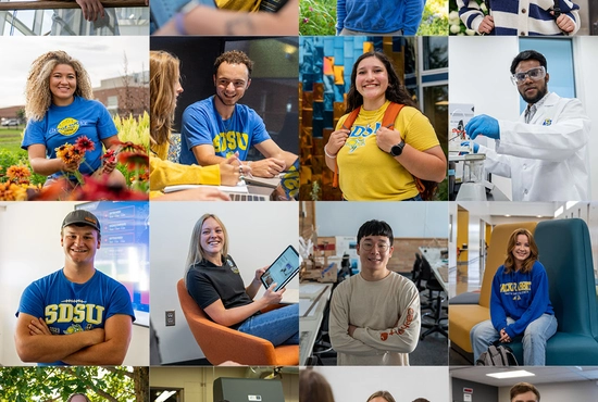 collage of images of students wearing SDSU apparel around various spots on campus