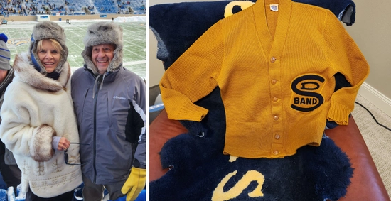 kim tyler and joe walker smile side by side at a jackrabbit football game