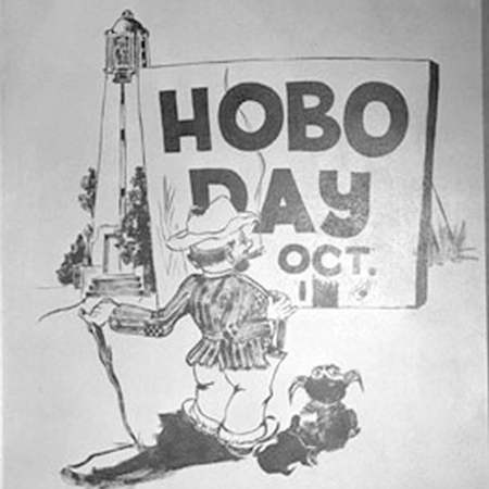 Historic drawing of a illustrated weary will with the words "hobo day" behind him