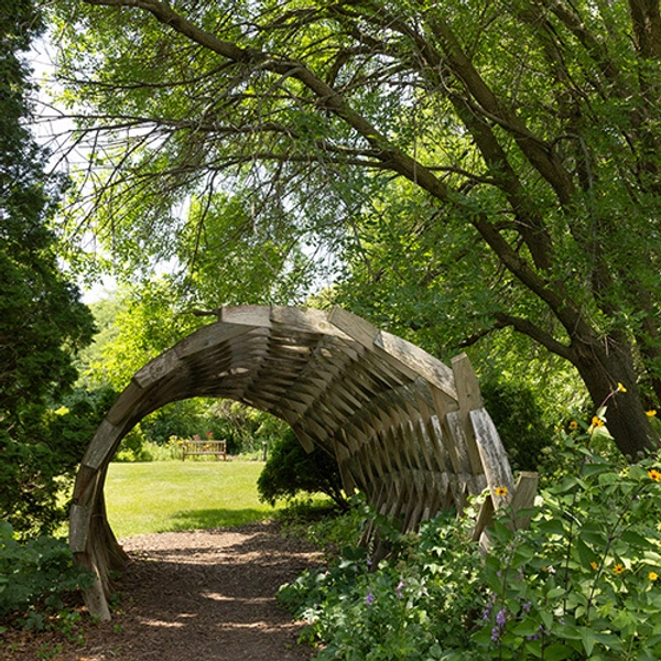 A wooden archway tunnel amid lush green trees and shrubs in McCrory Garden, with sunlight filtering through leaves