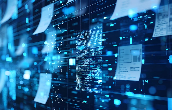 Glowing blue code and data panels fill a dark digital network, with floating documents and lights creating a futuristic, high-tech atmosphere.