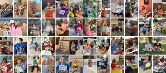 A photo collage of photos of young children reading.