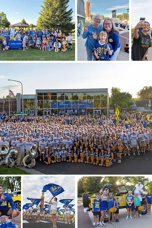 A collage of photos of students, families, and friends on One Day for STATE 2026, with a photo of the Pride in the center.