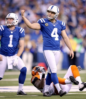 Former Indianapolis Colts kicker Adam Vinatieri celebrates after making a field goal.