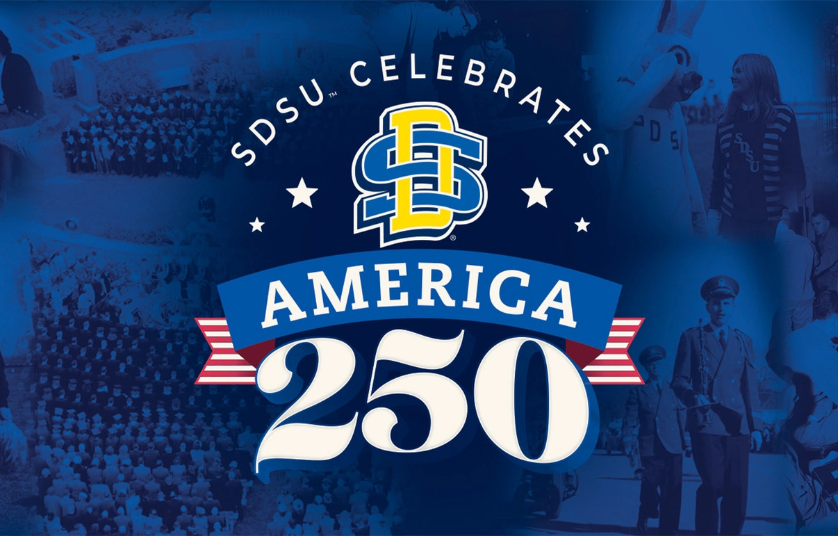 Blue background with a logo overlayed that says "SDSU Celebrates America 250."