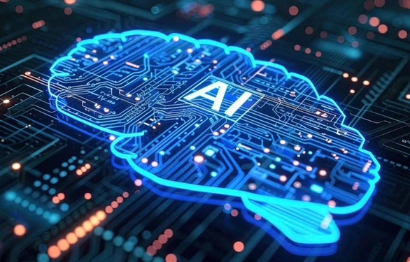 Digital image of a circuit board with a brain lit up in blue with the letters AI in the middle.