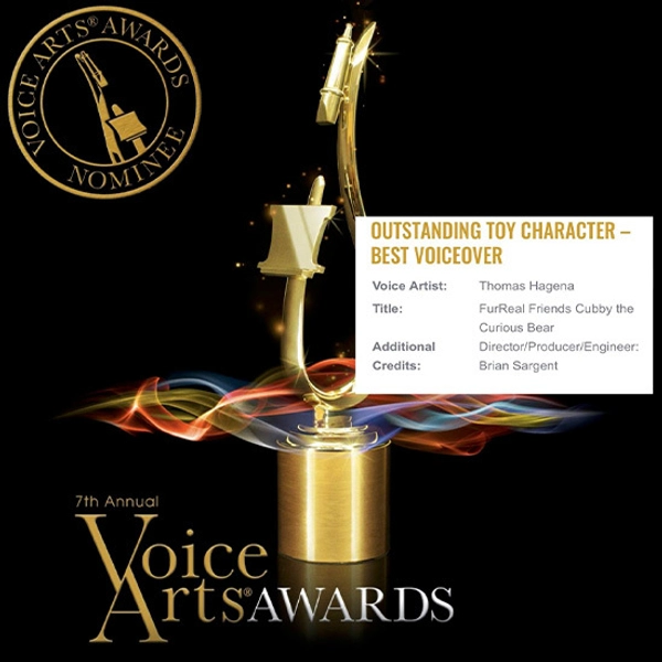 A graphic showing the Voice Arts Awards with Thomas Hagena winning the award of Outstanding Toy Character - Best Voiceover.