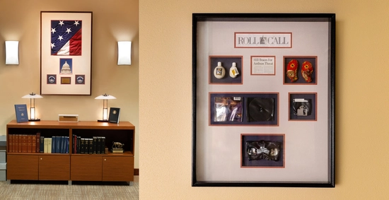 Collection of archived materials and a framed shadow box.
