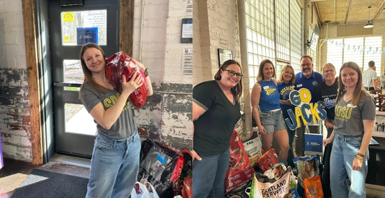 A collage of people volunteering at a pet food and supply drive.