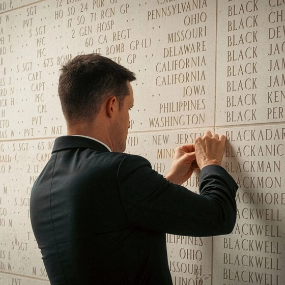 A man in a black suit stands facing a wall inscribed with rows of names.