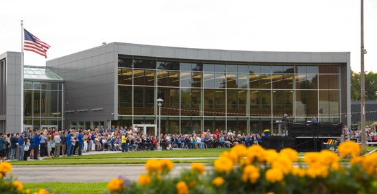 A crowd gathered oustide of the SDSU Alumni Center.