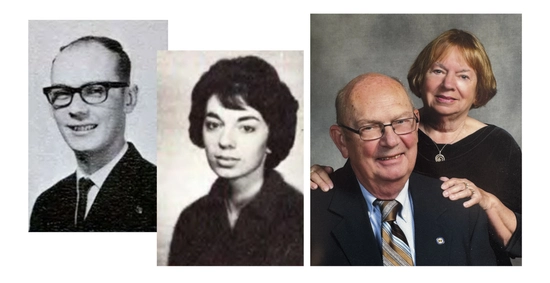 Black and white Jackrabbit Yearbook photos of Glynn and Keith Bartels alongside a more recent, colored photo of the couple.