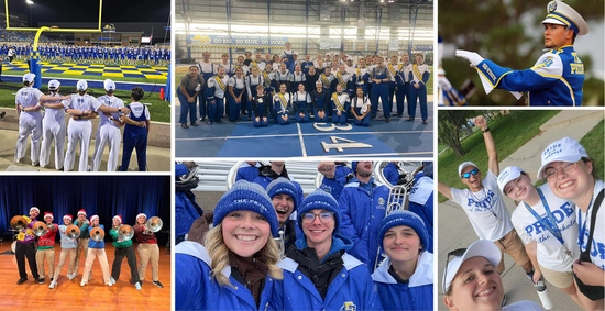 A collage of six Pride of the Dakotas marching band moments with Evan Bartelt included.