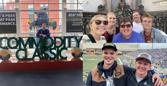 Collage of photos from Kole Hawkins time at SDSU, including a trip to the Commodity Classic, a study abroad trip and time at an SDSU Football game.