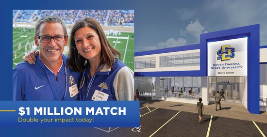 Mark and Susan Leddy smile, paired with a rendering of the Metro Center with the words: $1 million match, double your impact today.