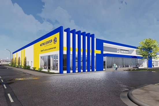 Rendering of the front left side of the SDSU Metro Center in Sioux Falls, SD.