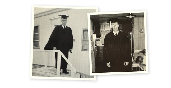 Collage of black and white photos of Gordon Elzenga with his commencement cap and gown on.